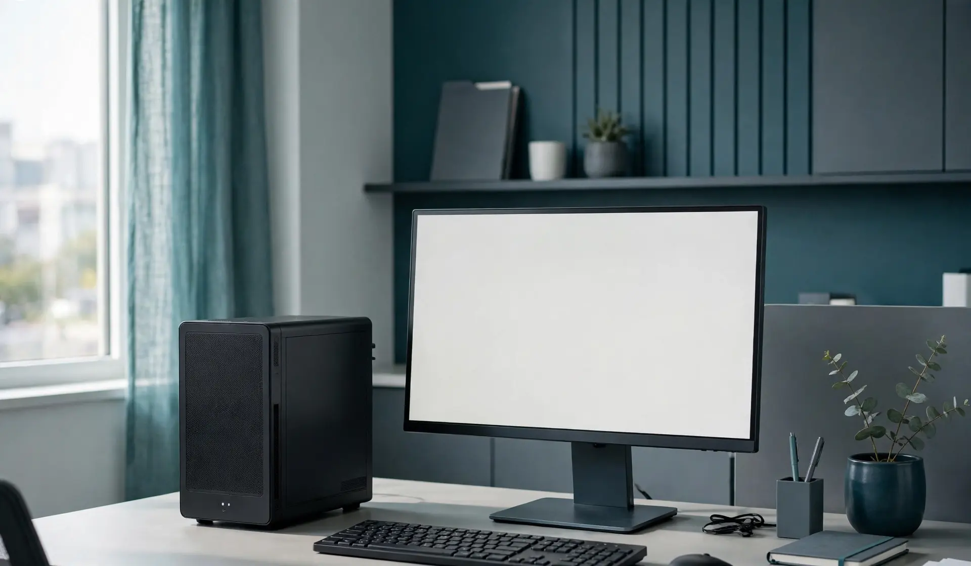 The EdgePlus AI workstation: a compact computer on an office desk, running the practice's AI locally